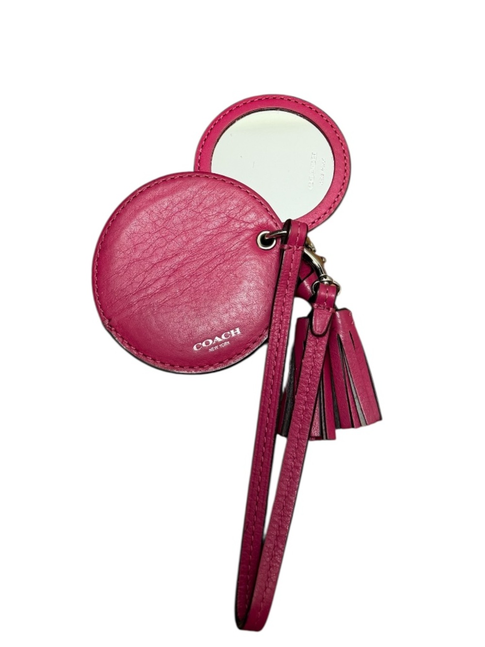 COACH Tassel Mirror Bag Charm Leather Keychain Purse Ring Pink